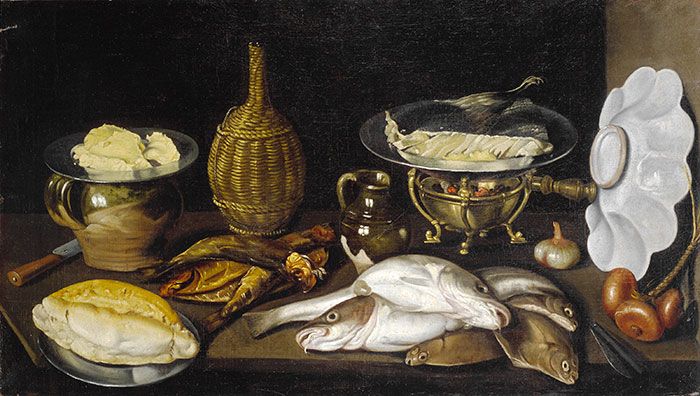 Foto Pugnaghi — Anonimo tedesco-austriaco sec. XVII - Natura morta con pesci, pane, braciere, burro e cipolle — insieme